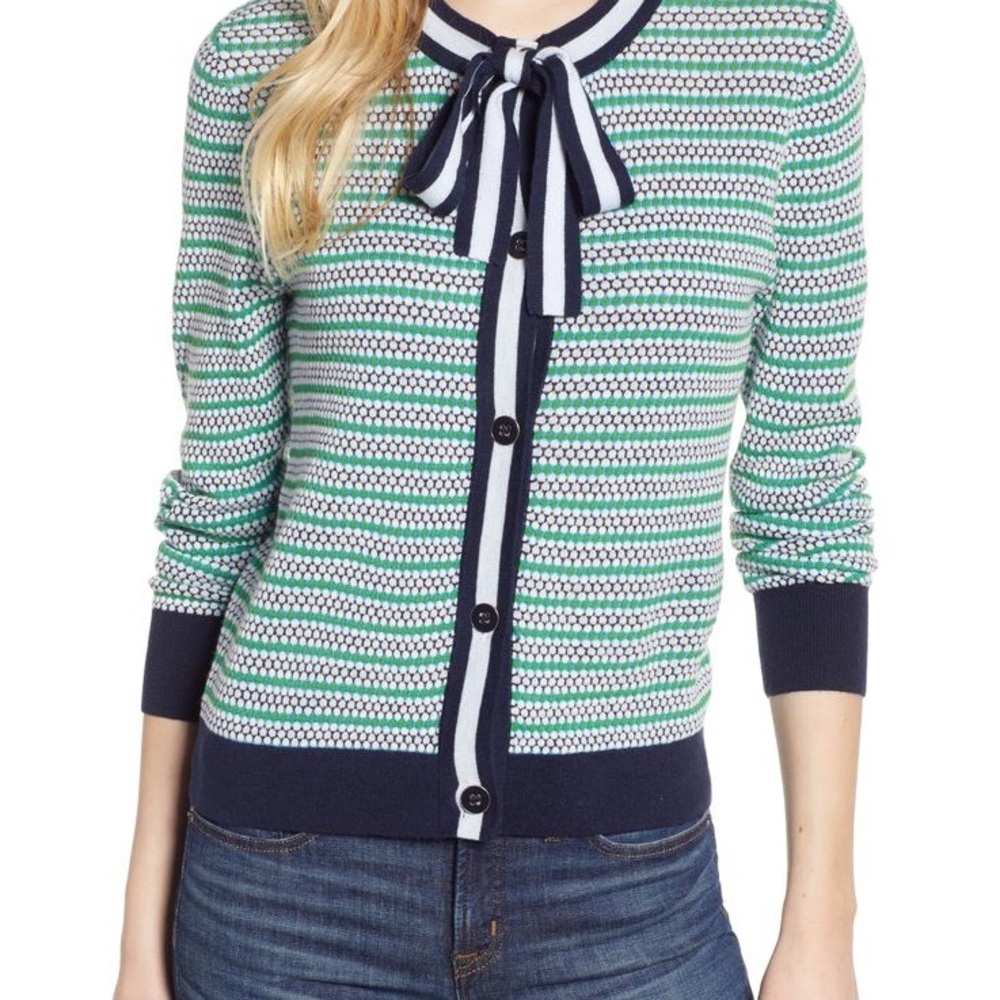 J. Crew Green and Navy Striped Cardigan with Bow